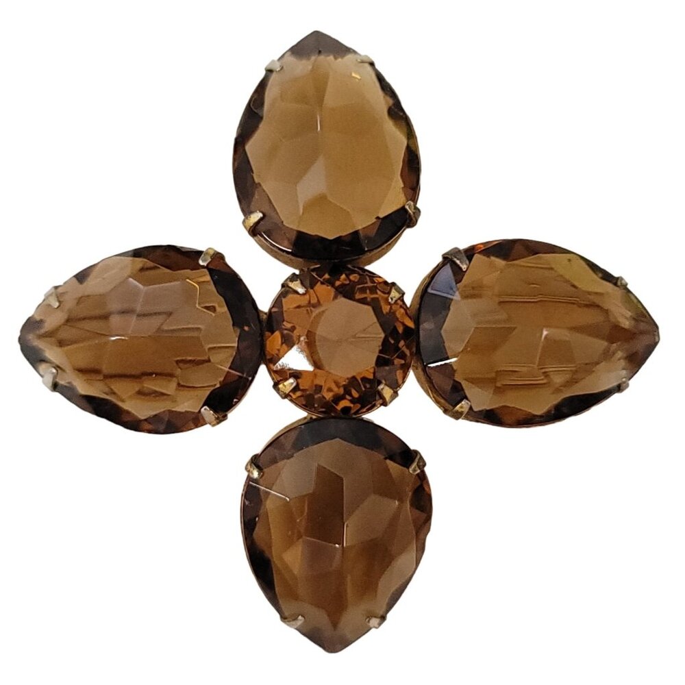 Jeanne Gold Tone Smoky, Rhinestone Maltese Cross Brooch, Signed